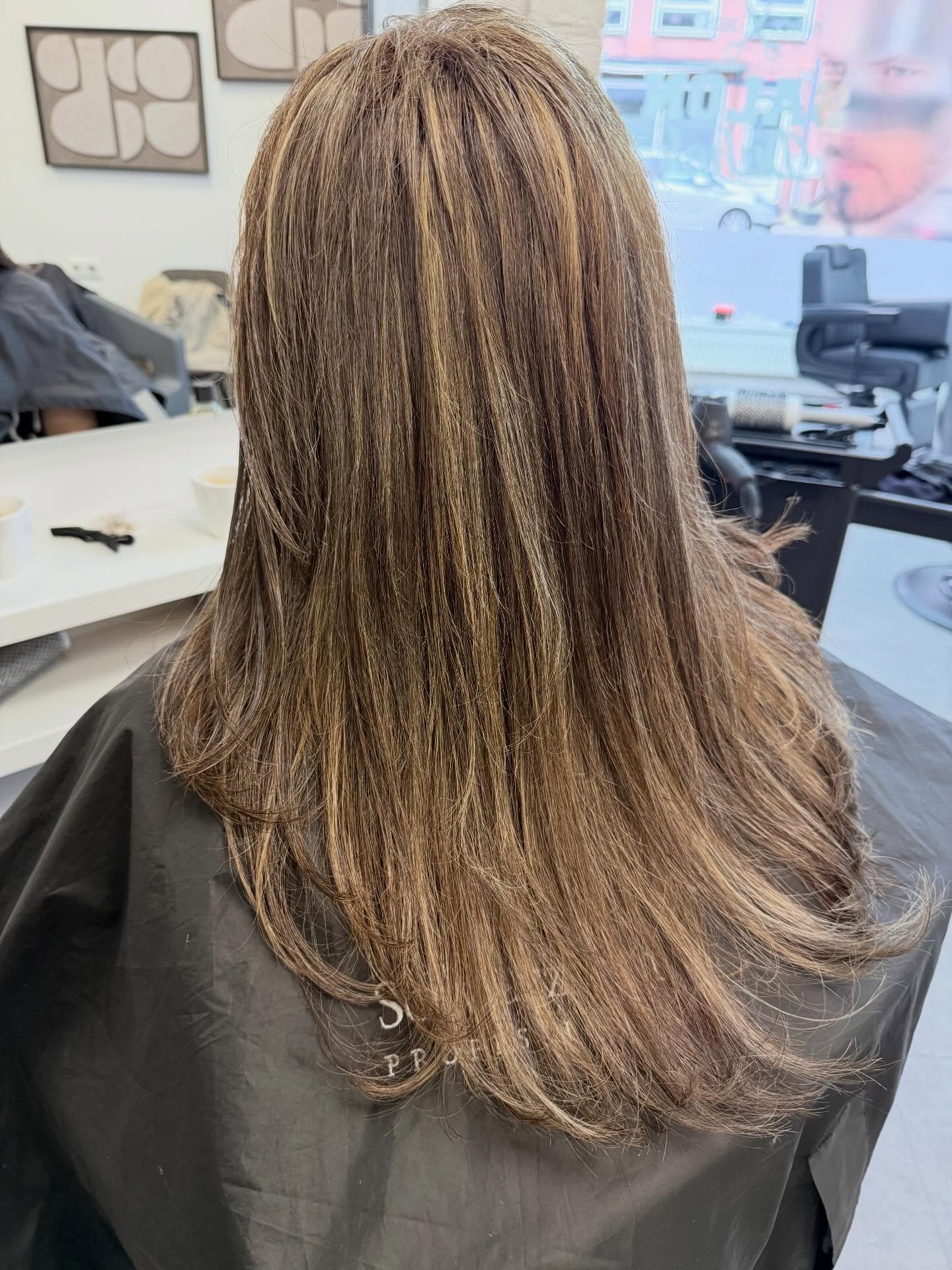 Lang haar met lichte highlights, van achteren gezien in de salon